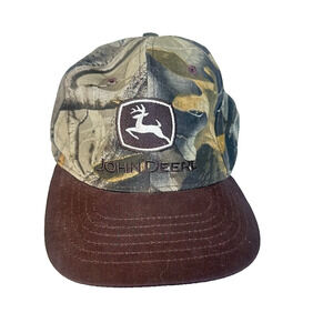John Deere Embroidered Adjustable Hat Cap Mens Camo Made USA Green Brown Outdoor